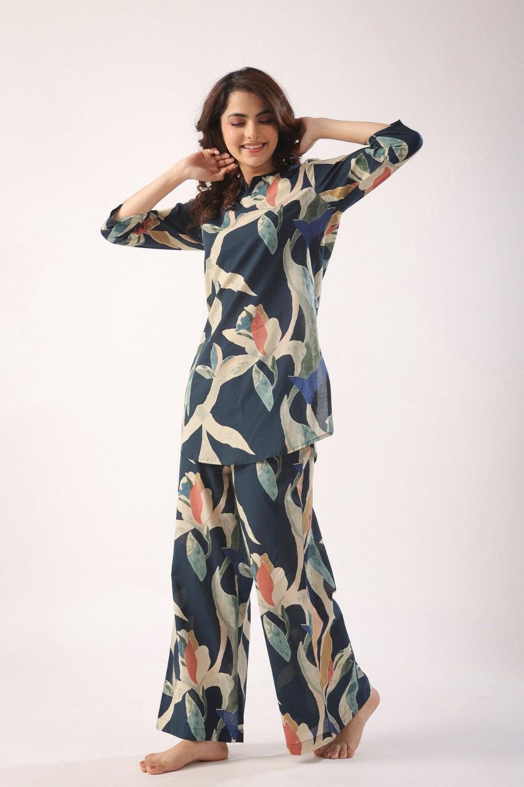 Navy Cotton Abstract Floral Cord Set - Top and Matching Pants
