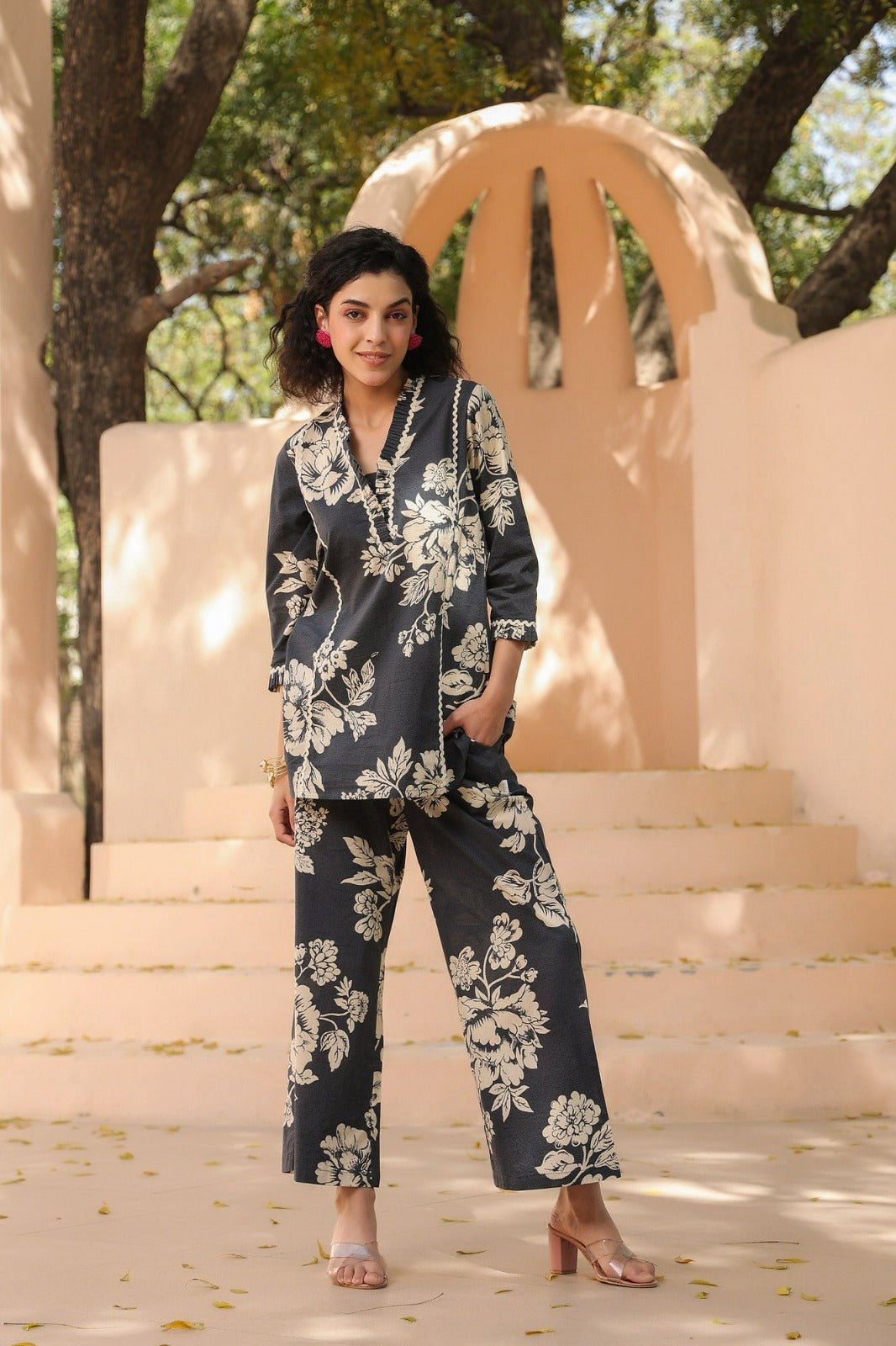 Charcoal Cotton Leaf Print Premium Co-ord Set - Top and Matching Pants