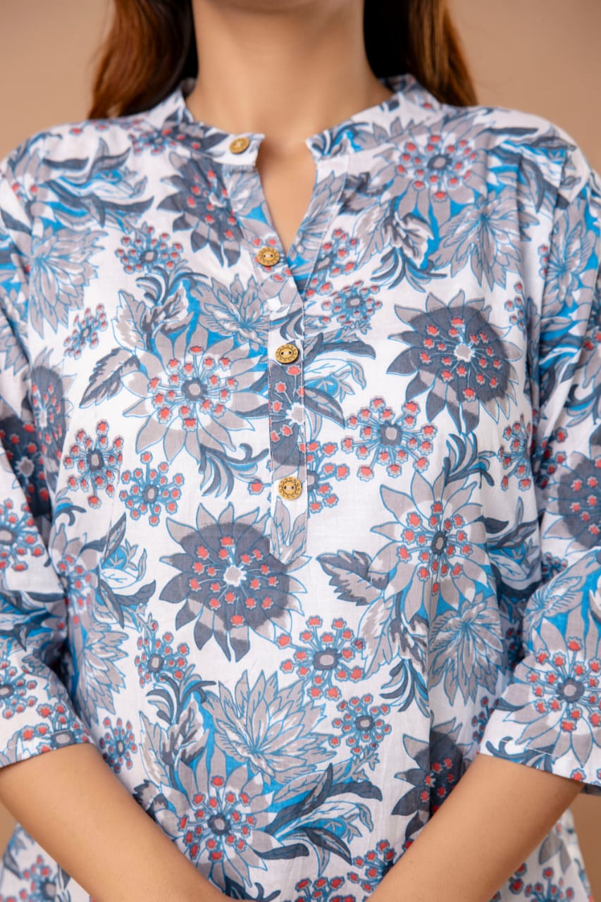 Blue Blossom Cotton Short Kurta - Floral Print with Button Detailing