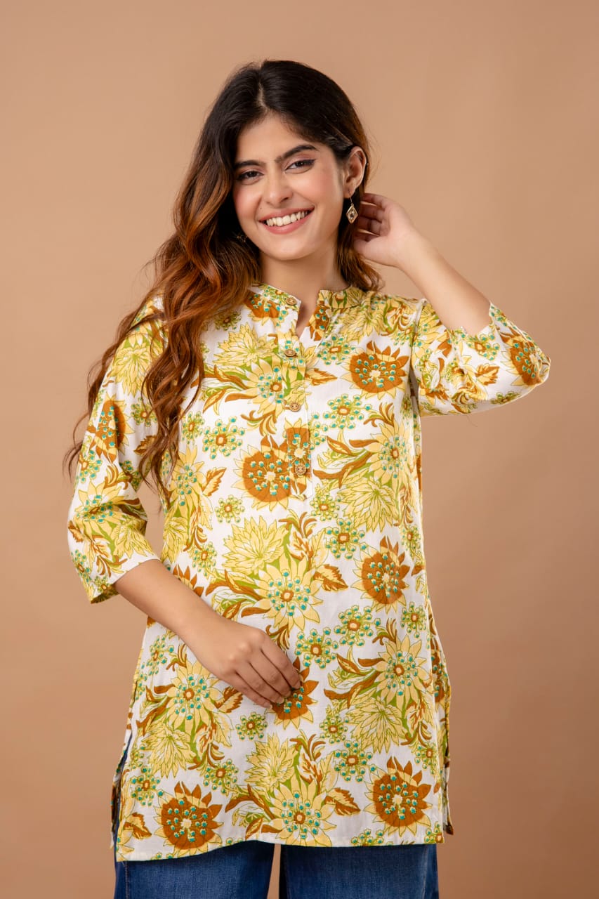 Golden Blossom Cotton Short Kurta - Yellow & Green Floral Print