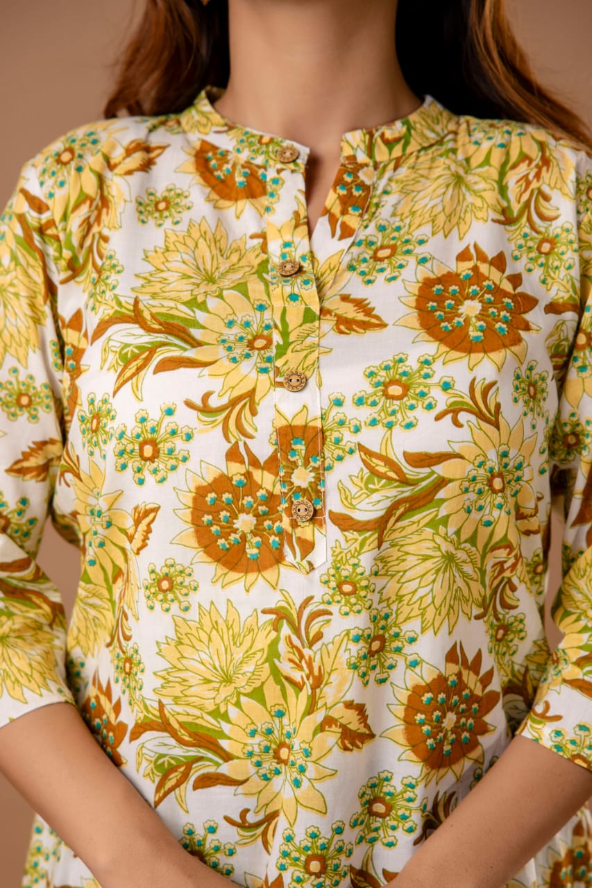 Golden Blossom Cotton Short Kurta - Yellow & Green Floral Print