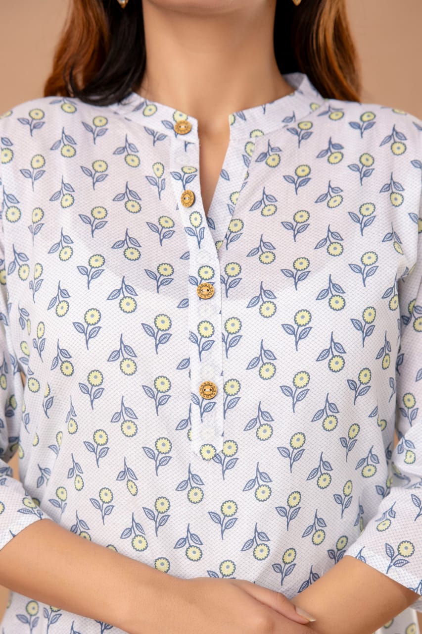 Floral Breeze Cotton Short Kurta - White & Blue Floral Print with Button Detail