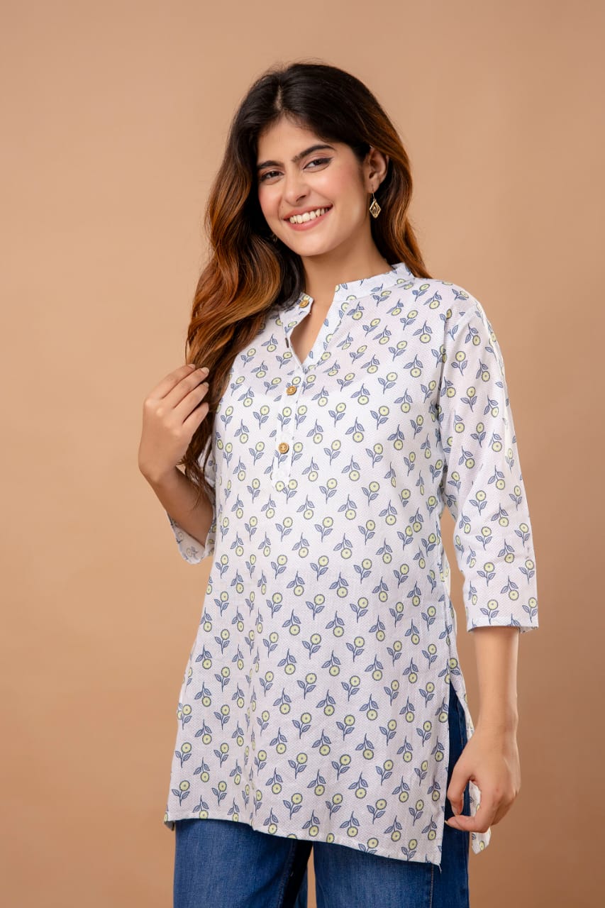 Floral Breeze Cotton Short Kurta - White & Blue Floral Print with Button Detail