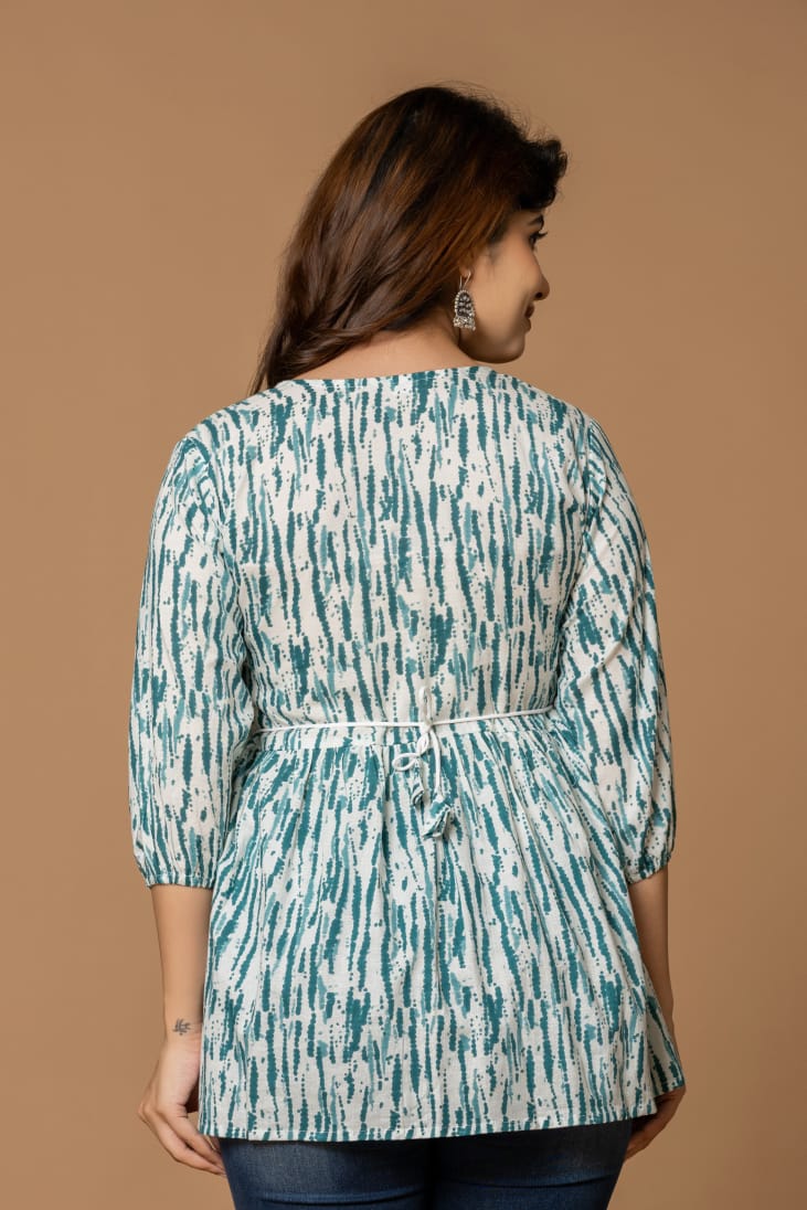 Aqua Stripes Cotton Short Kurta - Teal & White Abstract Print
