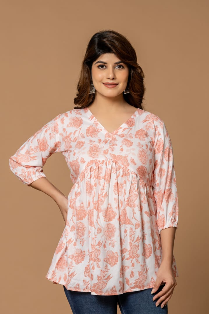 Peach Blossom Cotton Short Kurta - Floral Print in Soft Peach & White