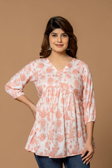 Peach Blossom Cotton Short Kurta - Floral Print in Soft Peach & White