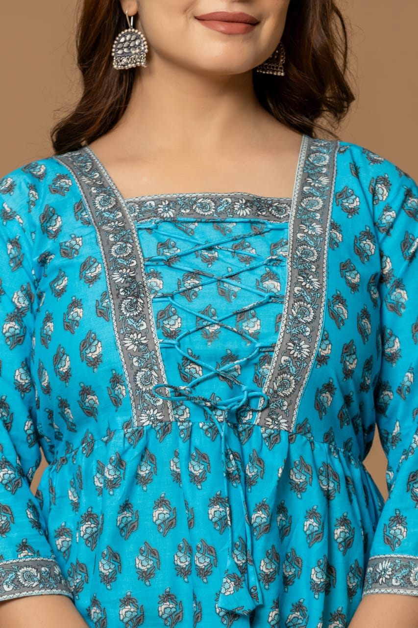 Peacock Blues Cotton Short Kurta - Turquoise & Silver Print with Lace Detailing