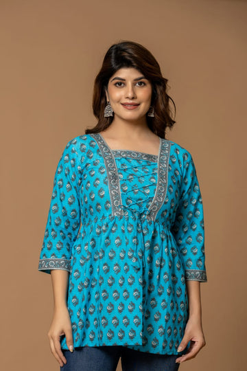 Peacock Blues Cotton Short Kurta - Turquoise & Silver Print with Lace Detailing