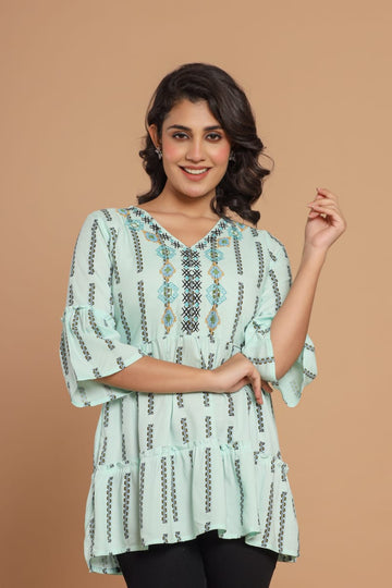 Boho Breeze Cotton Short Kurta - Mint Green with Ethnic Embroidery