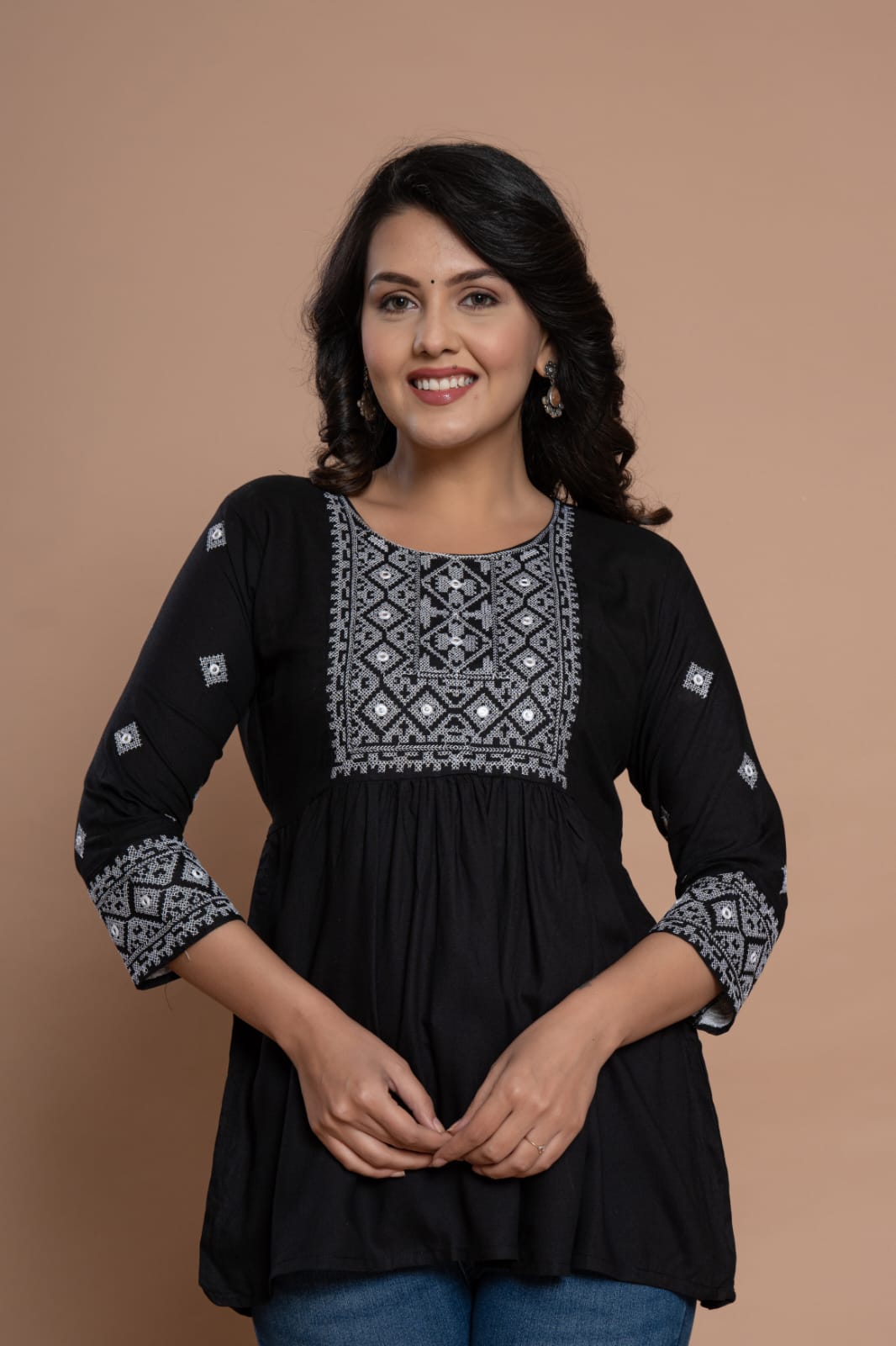 Embroidered Diamond Panel Kurti - Black