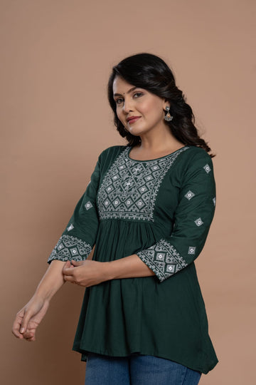 Embroidered Diamond Panel Kurti - Green
