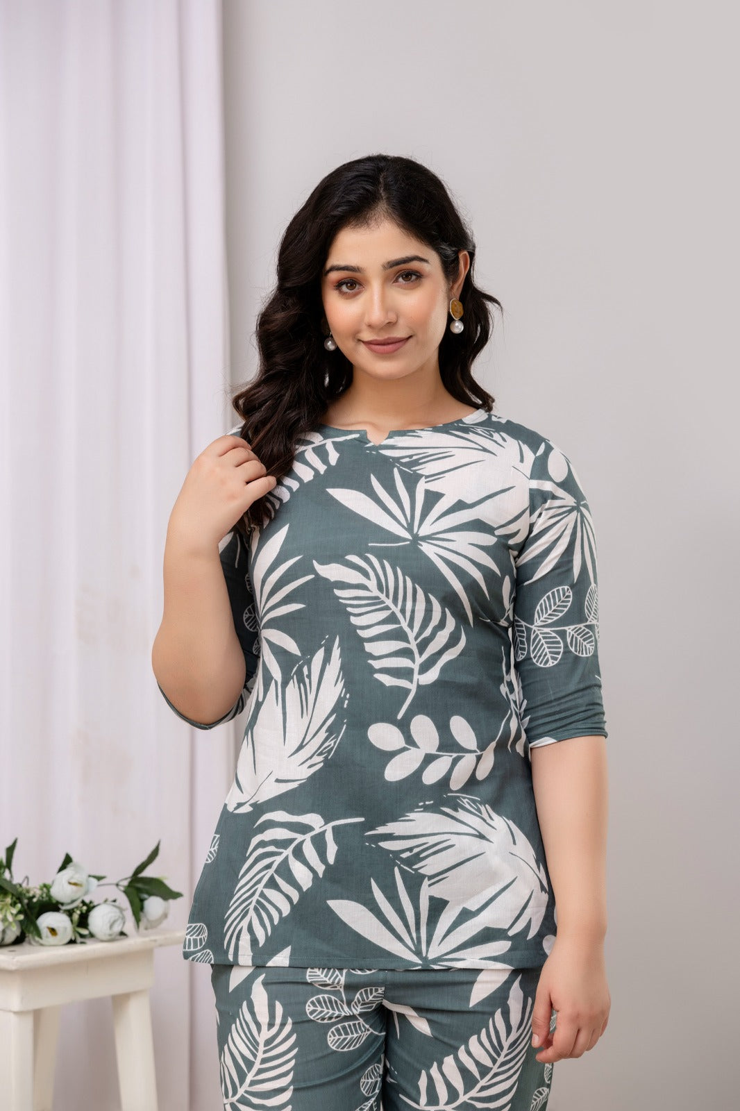 Olive Green Cotton Leaf Print Cord Set - Top and Matching Pants