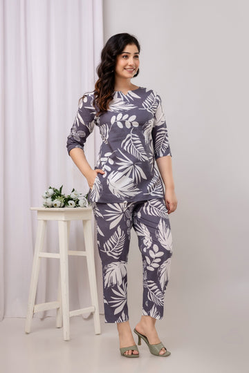 Charcoal Grey Cotton Leaf Print Cord Set - Top and Matching Pants