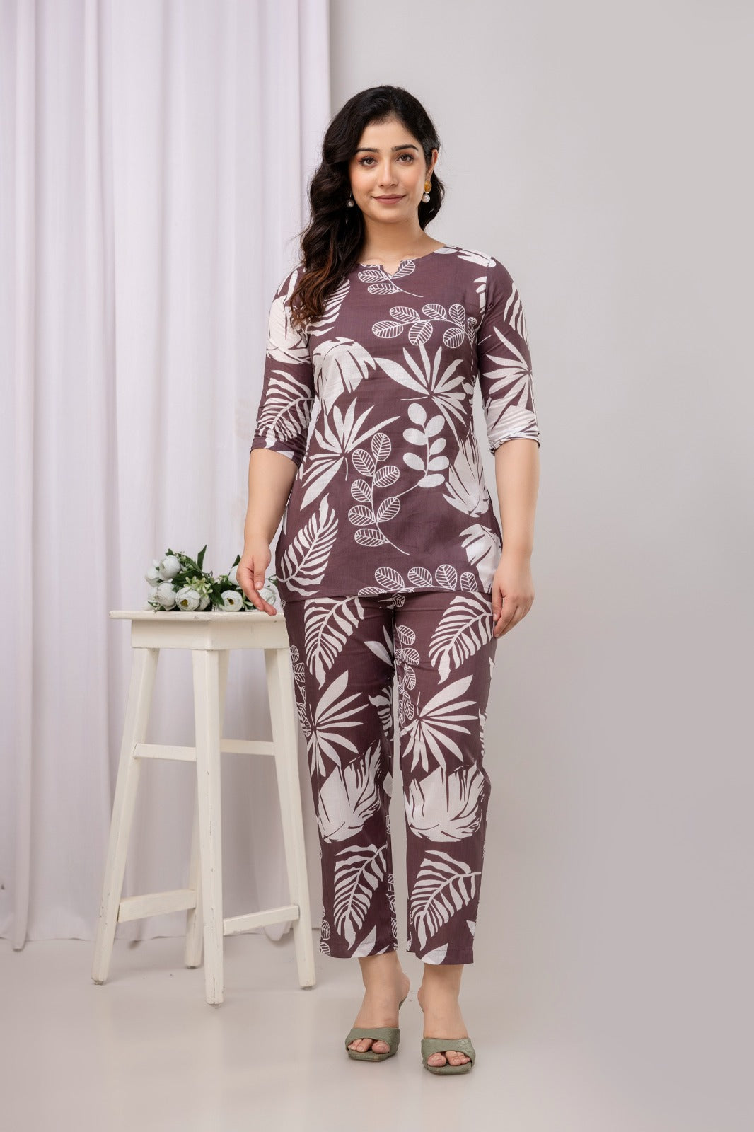Light Purple Cotton Leaf Print Cord Set - Top and Matching Pants
