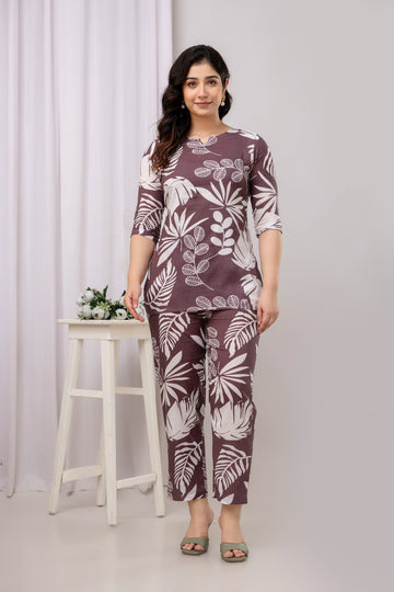 Light Purple Cotton Leaf Print Cord Set - Top and Matching Pants