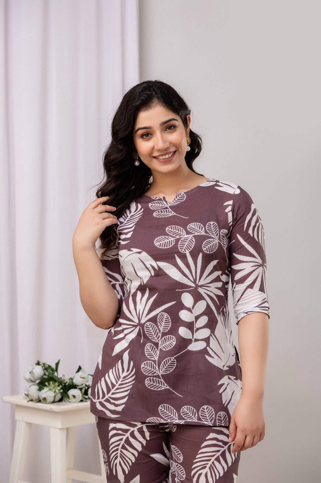 Light Purple Cotton Leaf Print Cord Set - Top and Matching Pants