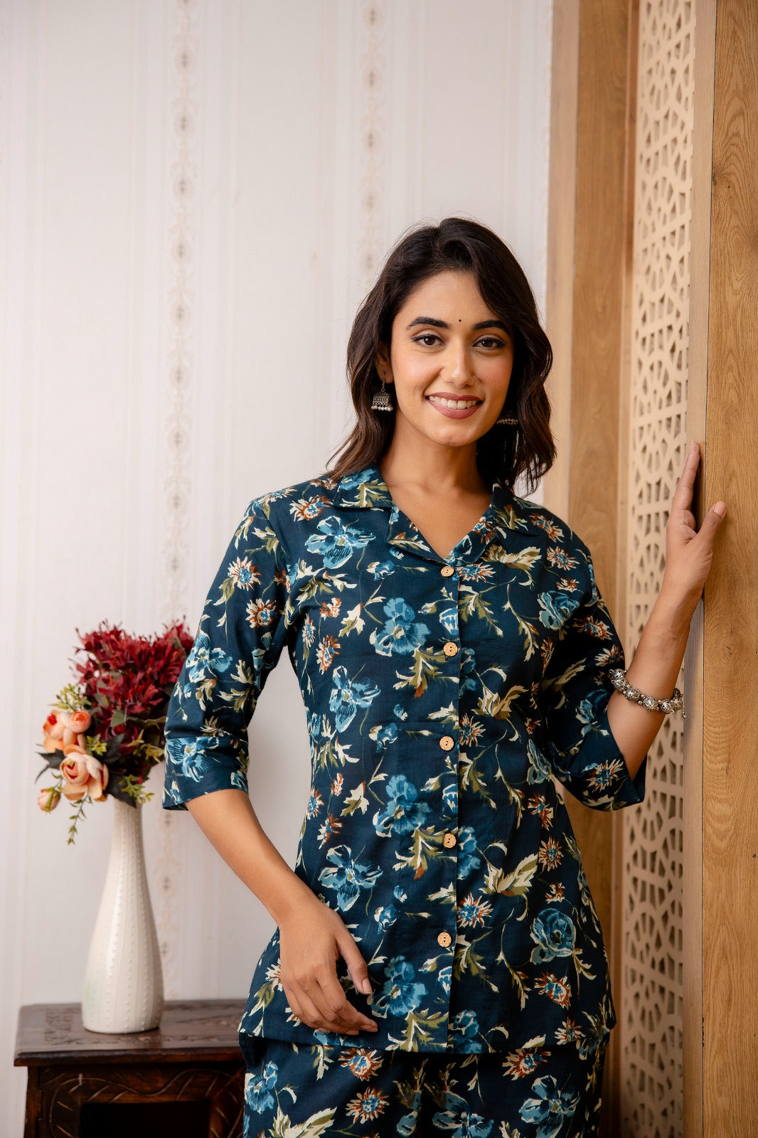 Navy Cotton Floral Print Cord Set - Top and Matching Pants