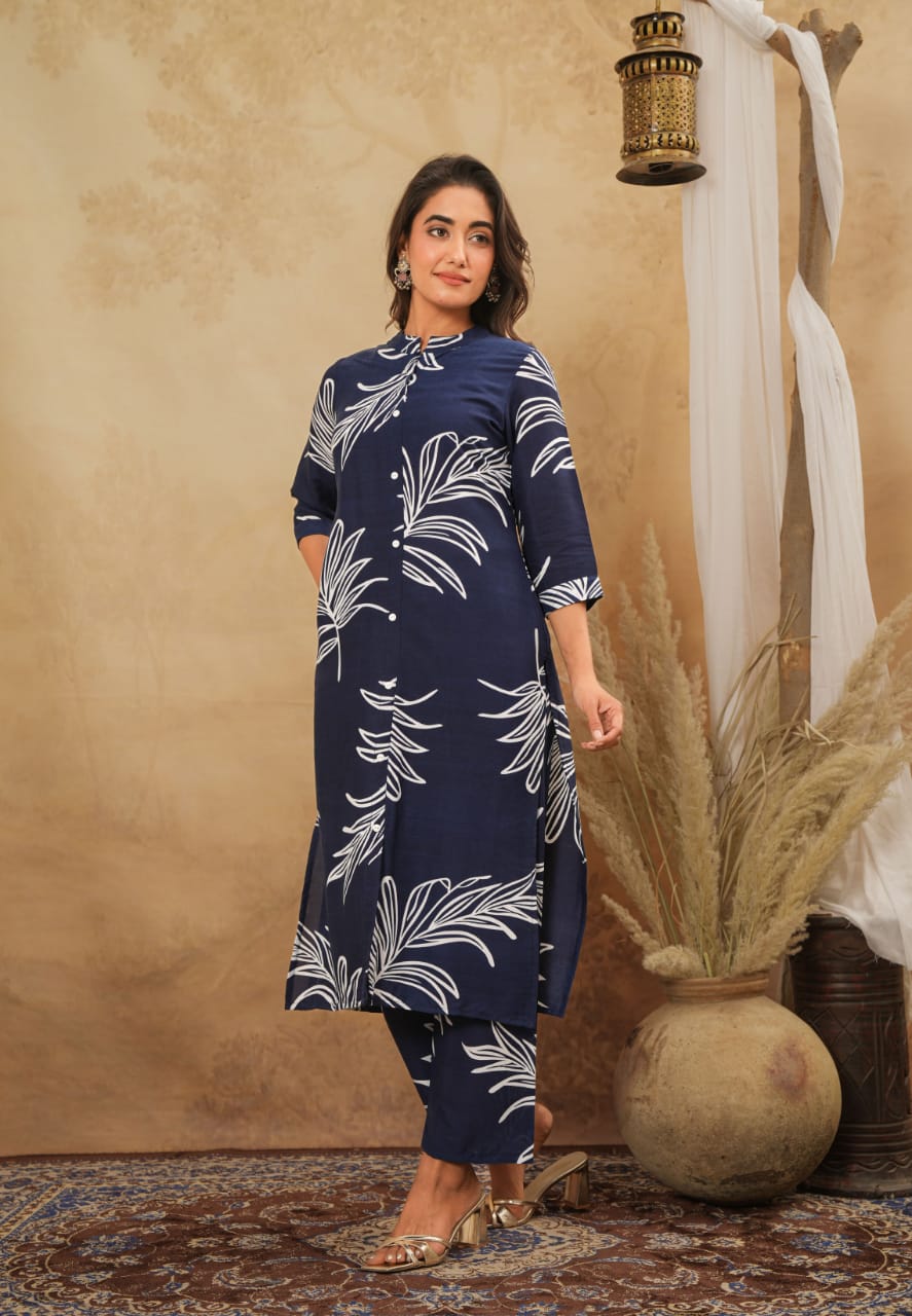 Midnight Leaf Co-ord Set - Blue & White