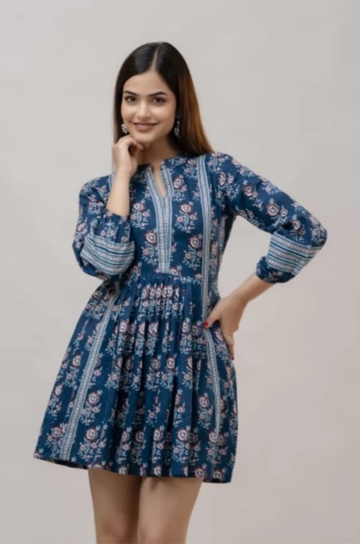 Indigo Bloom Smocked Tunic Dress
