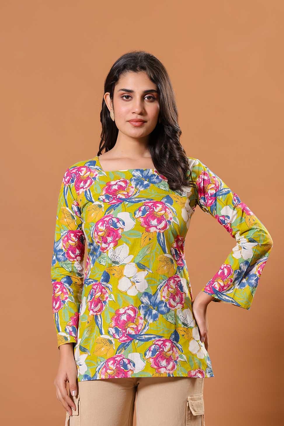Lime Bloom Cotton Kurti